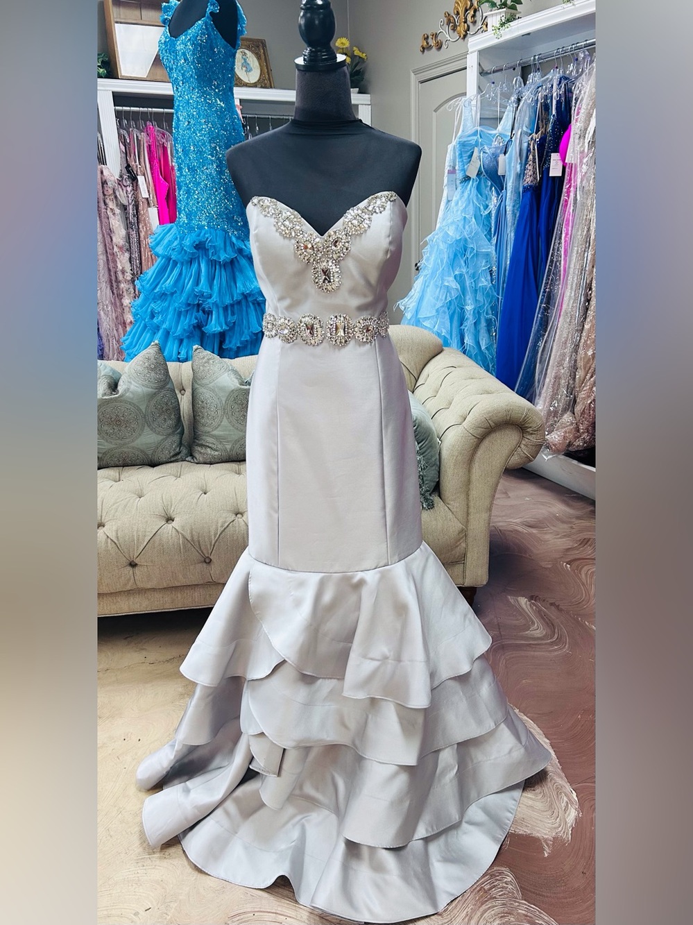 madison james Silver Strapless Beaded Mermaid Gown